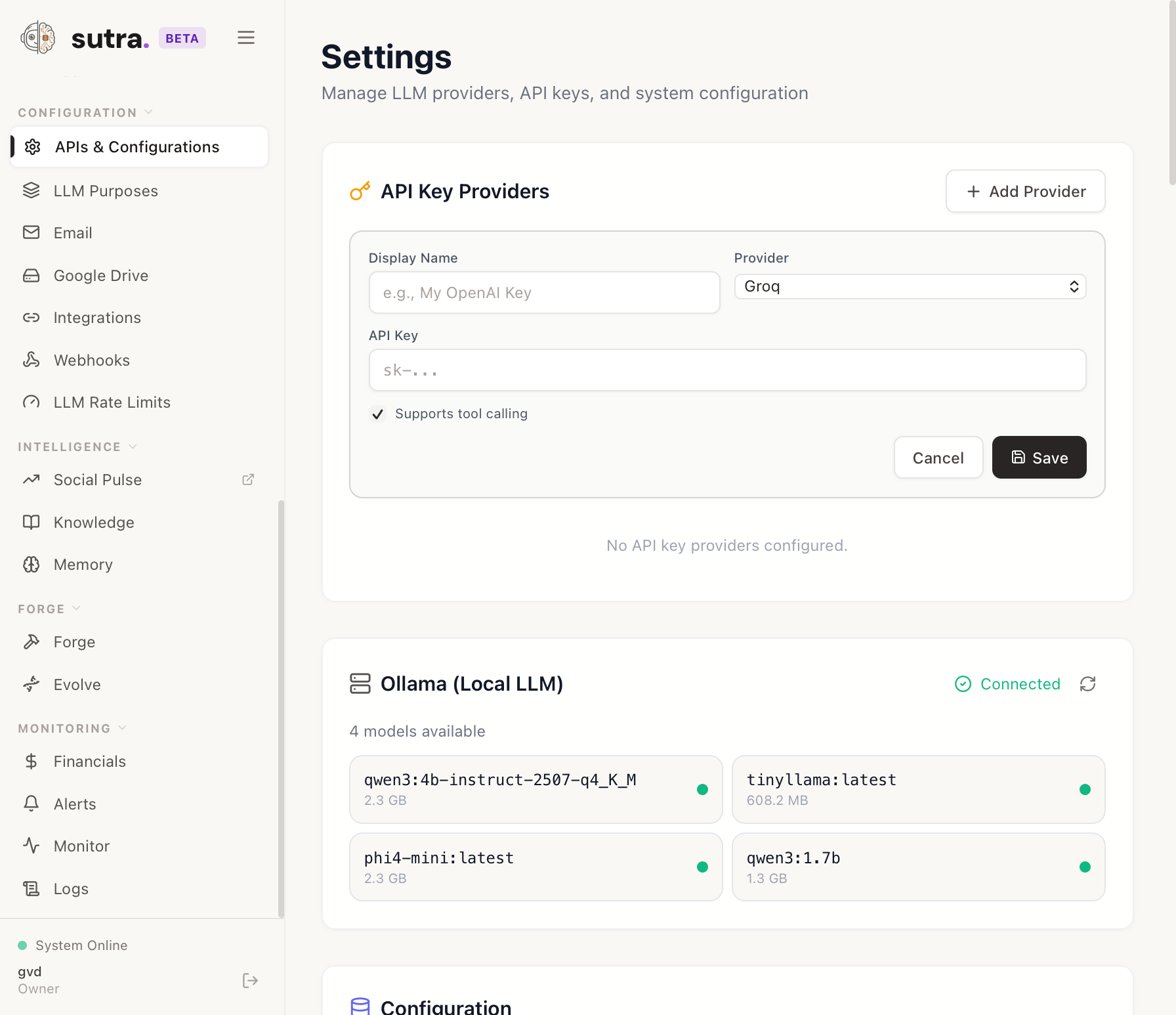 Sutra OS Settings page showing API Key Providers and Ollama configuration